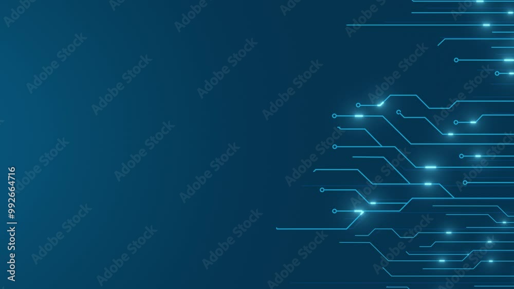 Circuit Board Digital Data moving on CPU loop backgrounds. Computer Processing and data. Abstract high tech Artificial intelligence blue particles and network connections
