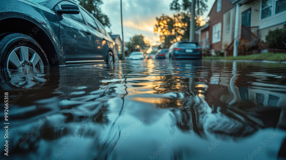 Flooded neighborhood streets with cars submerged in dark water create somber scene. reflection of sunset adds touch of beauty to otherwise distressing situation