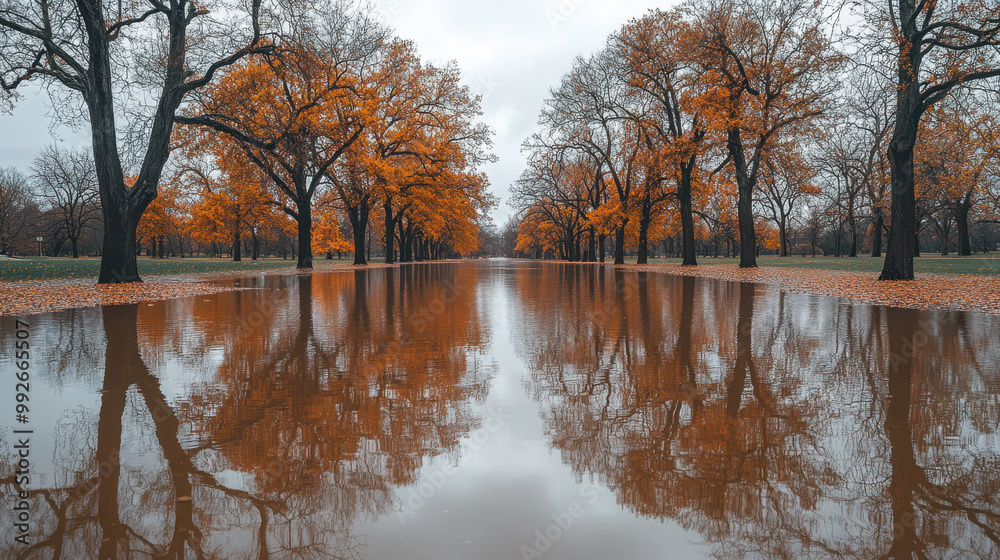 Obraz premium serene tree lined park is submerged in water, showcasing silhouettes of trees with vibrant orange leaves reflecting beautifully on calm surface. tranquil scene evokes sense of peace and natures