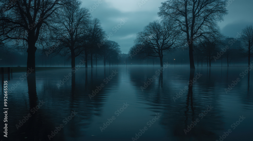 Fototapeta premium serene tree lined park submerged in water, with silhouettes of trees reflecting in calm surface, creating tranquil and mysterious atmosphere