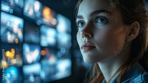 A young woman gazes intently at a wall of screens, her expression focused and determined. She appears to be working in a high-tech environment, with the glow of the screens illuminating her face.