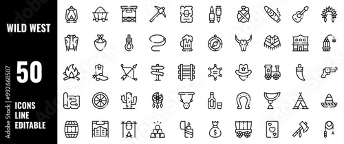 50 Wild West Icons Set Pack Line Editable Vector Illustration