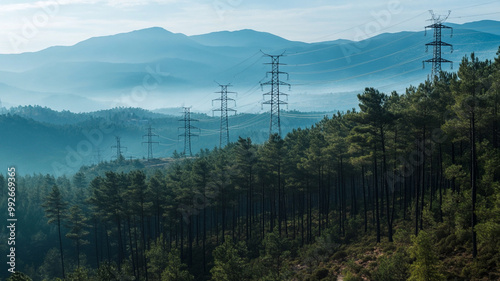 Morning mist envelopes a mountainous landscape with electric towers in a tranquil forest setting