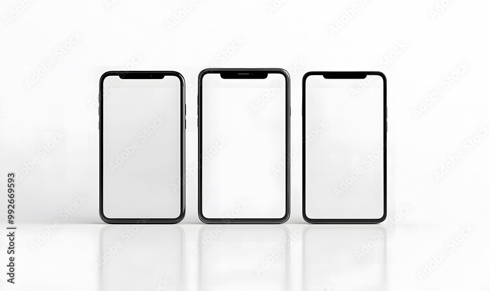 Three Blank Smartphone Screens in a Row – Mobile Technology and Display Concept design, Mockup Three Blank Smartphone Screens in a Row – Mobile Technology and Display Concept design, Mockup