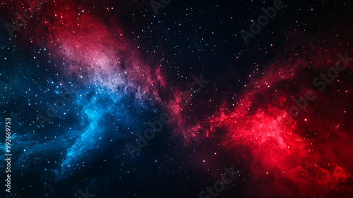 Stunning cosmic nebula with vibrant blue and red colors illuminating the night sky