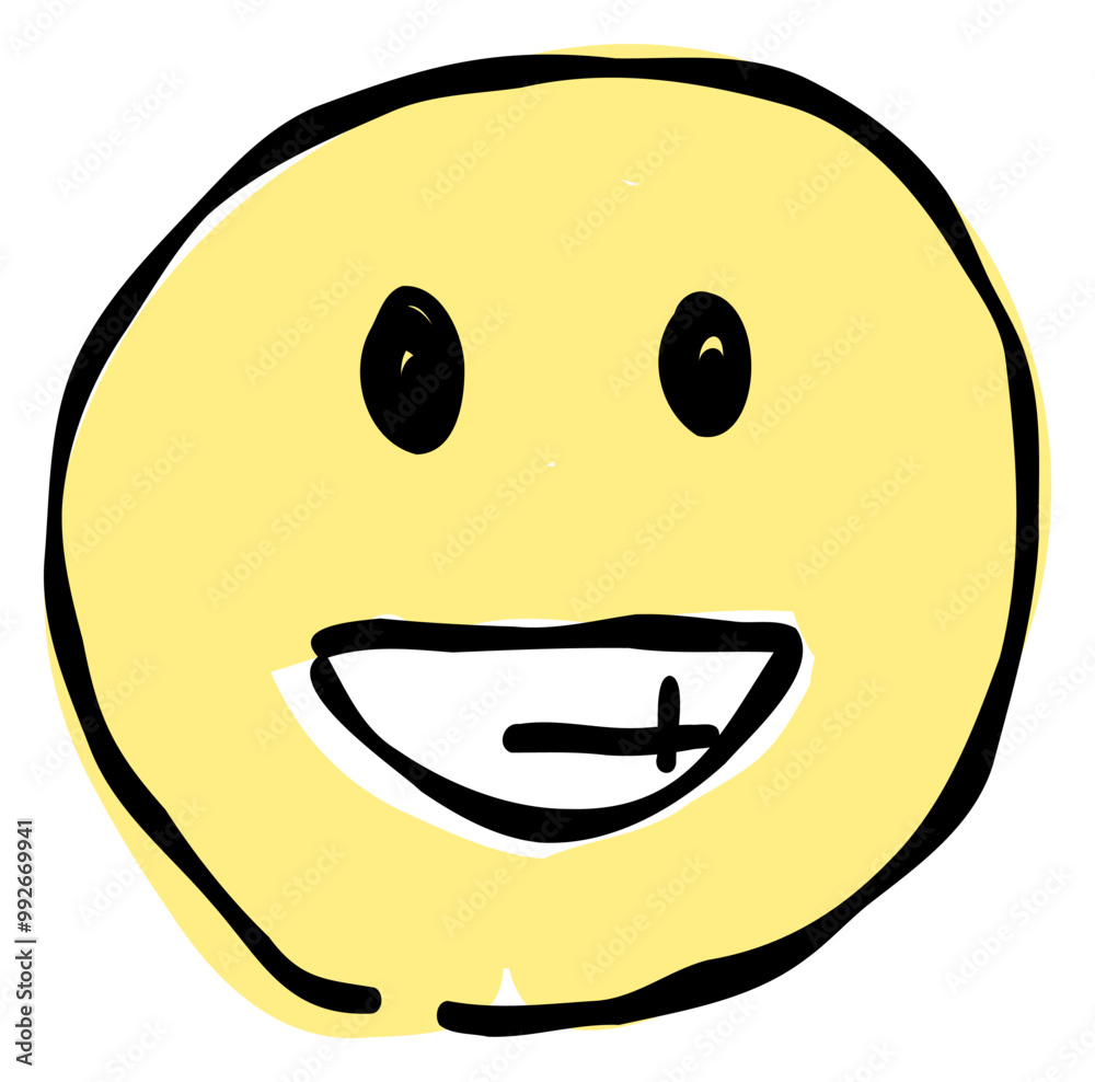 Fototapeta premium A hand-drawn smile emoji showing teeth. Features a simple and cute yellow-based design. Stylish and versatile for various scenes.