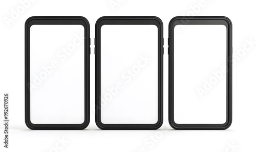 Three Blank Smartphone Screens in a Row – Mobile Technology and Display Concept design, Mockup