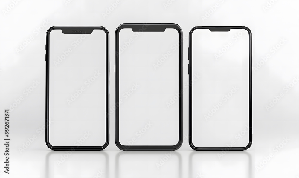 Three Blank Smartphone Screens in a Row – Mobile Technology and Display Concept design, Mockup Three Blank Smartphone Screens in a Row – Mobile Technology and Display Concept design, Mockup