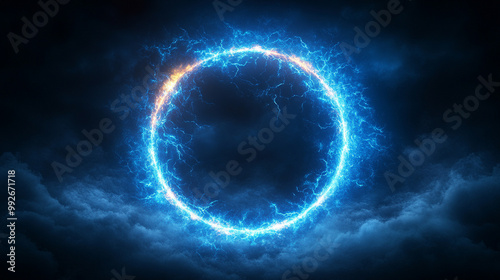 glowing electric blue lightning round frame pulses with energy, symbolizing power, technology, and transformation. The dynamic light signifies innovation, futuristic vision, and vitality
