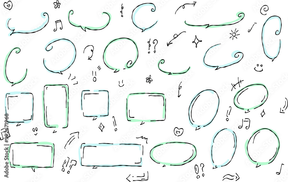 Fototapeta premium A hand-drawn speech bubble and decoration set. Features a green and blue-based design, perfect for emphasizing messages or comments.