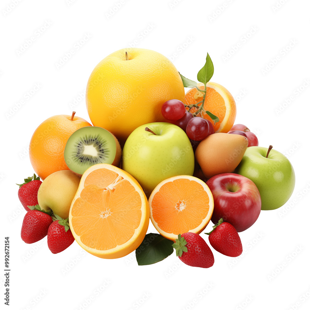 Assortment Of Fresh Fruits Including Apples, Oranges, And Grapes On White Background Assortment Of Fresh Fruits Including Apples, Oranges, And Grapes On White Background