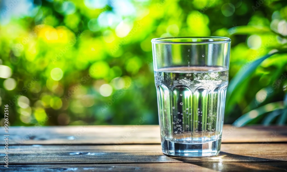 Mineral water in a clear glass on the background of a green forest Mineral water in a clear glass on the background of a green forest