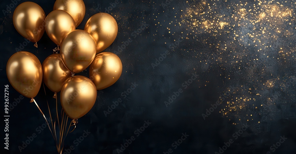 A cluster of shiny golden balloons against a dark, sparkly background, perfect for celebrations or festive occasions. A cluster of shiny golden balloons against a dark, sparkly background, perfect for celebrations or festive occasions.