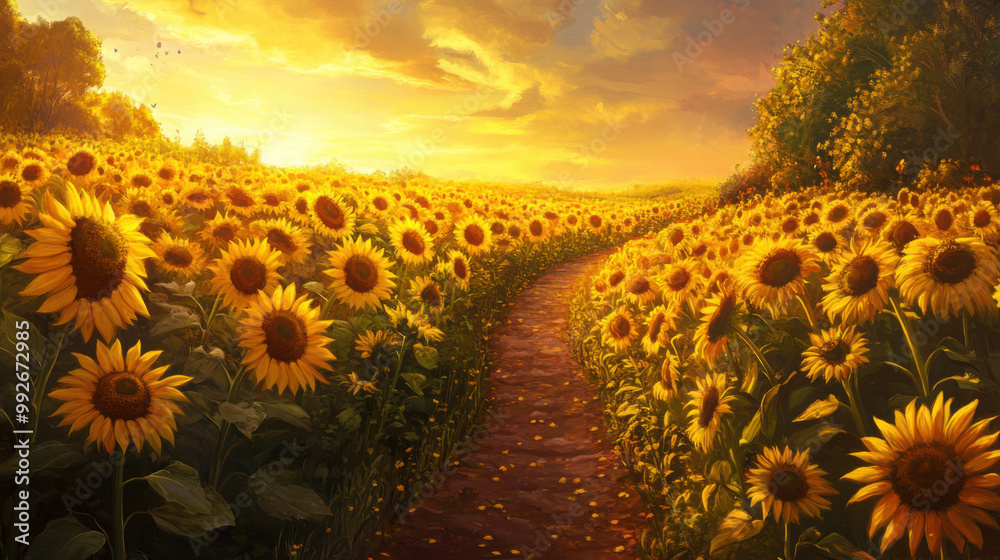 Fototapeta premium Sunflowers with a garden pathway winding through a vibrant, sunlit field