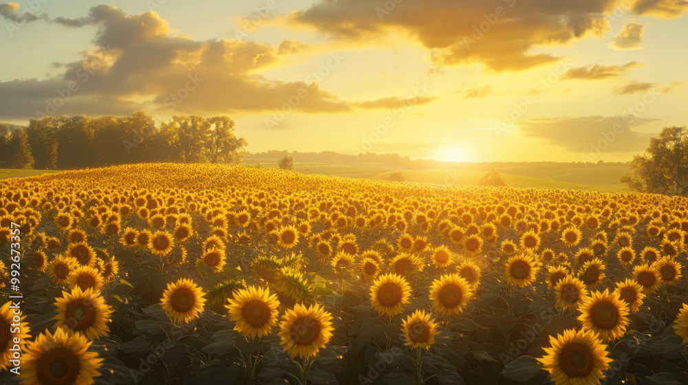 Fototapeta premium A panoramic view of a sunflower field at sunrise, with golden light illuminating the blooms