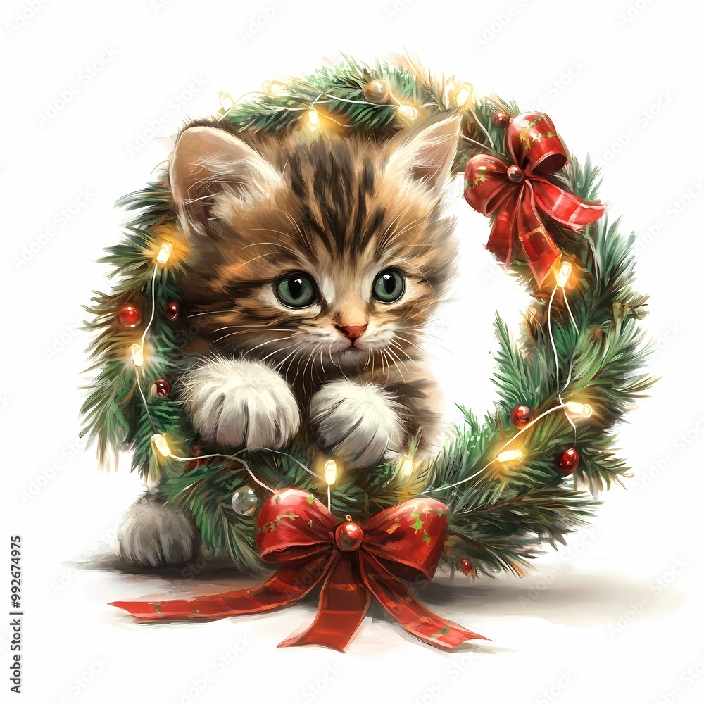 Playful Kitten in a Christmas Wreath Playful Kitten in a Christmas Wreath