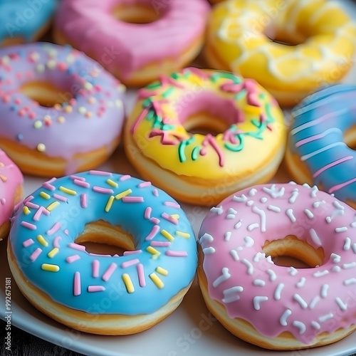 Lots of Fresh donut cookies delicate pastel colors. Donuts with different flavors. Bakery with fresh baked goods. High quality photo