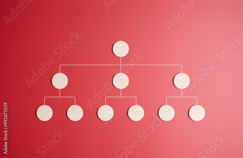 Business and employees hierarchy table. Organization chart, company leveling map, or organigram. Wooden labels on a red background with a structure tree diagram. Human resources career path.