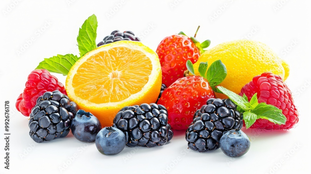 Assorted mixed berries and citrus on a white background Assorted mixed berries and citrus on a white background