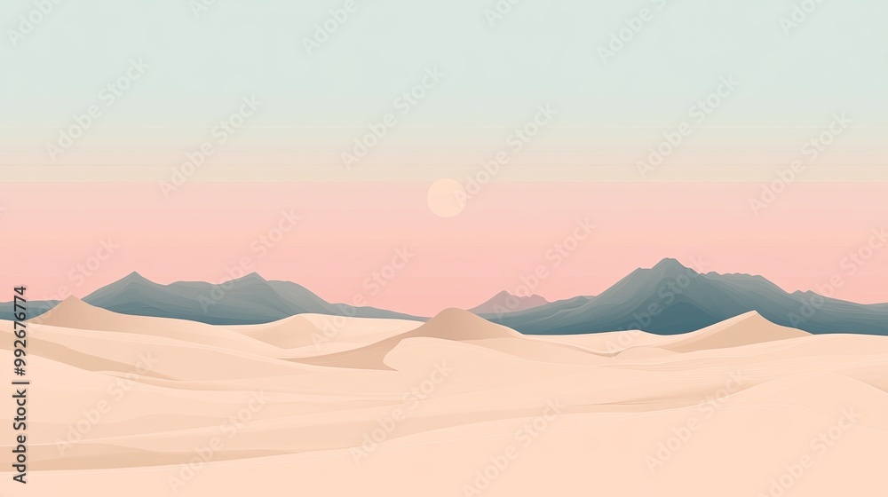 Minimalist Desert Landscape with Pink Sunset and Single Sun Minimalist Desert Landscape with Pink Sunset and Single Sun