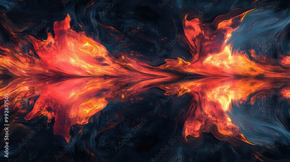 Red and golden fractal flames on a reflective vantablack surface, cinematic ocean bioluminescence Red and golden fractal flames on a reflective vantablack surface, cinematic ocean bioluminescence