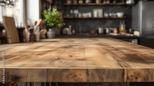 A kitchen interior, focusing on a rustic wooden table, blurred boken background. The table has a natural wood finish with visible grain patterns. The ambiance is warm and inviting photo