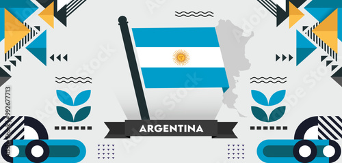 Argentina national day banner with map, Argentina flag theme background with geometric abstract retro modern blue white yellow design. Buenos Aires Vector Illustration.