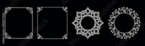 Set of decorative frames Elegant vector element for design in Eastern style, place for text. Floral black and white borders. Lace illustration for invitations and greeting cards.