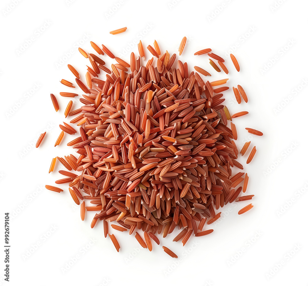 Pile of raw red rice or brown rice isolated on white background. Top view of a grain of red rice. Uncooked brown rice Pile of raw red rice or brown rice isolated on white background. Top view of a grain of red rice. Uncooked brown rice