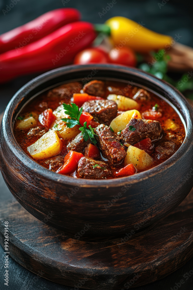 Goulash soup with beef slices of sausage, onions and potatoes. Plus red pepper. All on a rustic background. AI generative. Goulash soup with beef slices of sausage, onions and potatoes. Plus red pepper. All on a rustic background. AI generative.