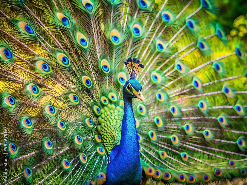 Obraz premium In a lush environment, a striking peacock presents its radiant feathers, captivating with a vivid display of colors,