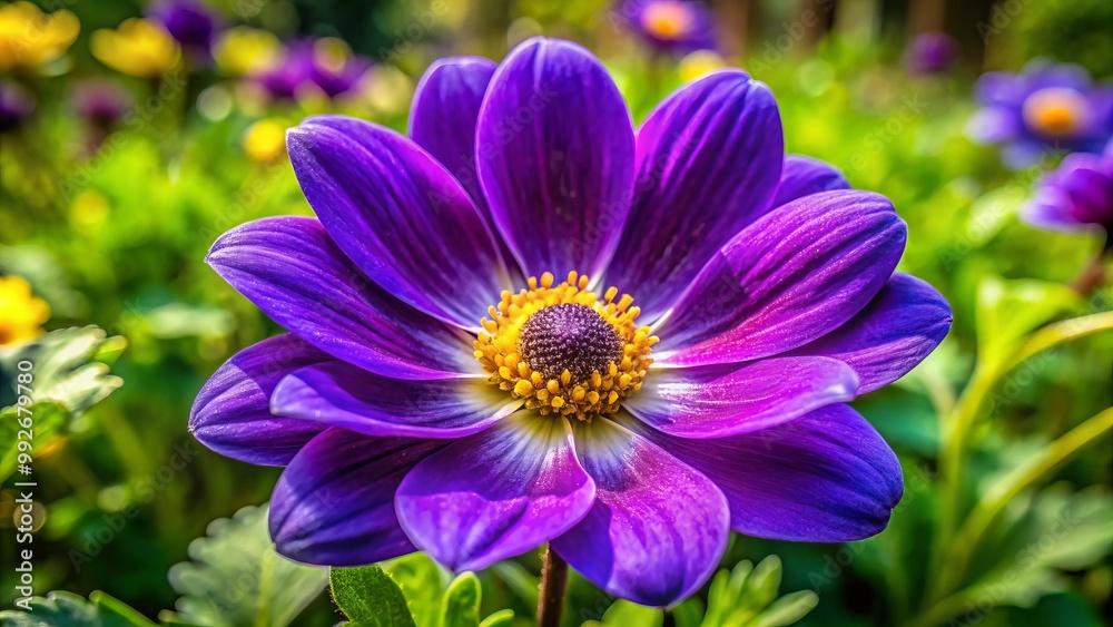 Obraz premium In a lush spring garden, a beautiful purple flower showcases a bright yellow center, bringing joy to the