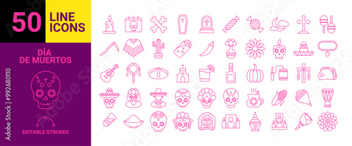 Set de 50 iconos de Día de Muertos en México, Íconos en Formato Vectorial.