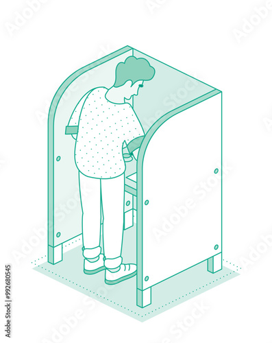 Man standing in voting booth and make their choice. Isometric outline concept. Political presidential election.