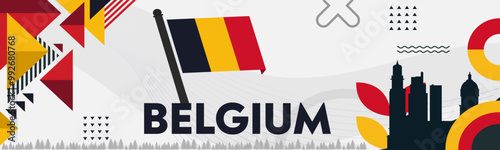 Belgium national day banner with map, flag colors theme background and geometric abstract retro modern black yellow red design. Brussels Belgian. Vector Illustration.