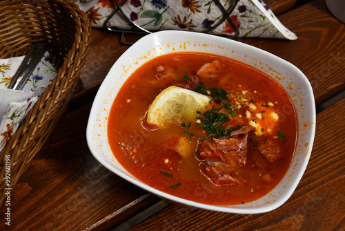 Tasty Russian-Ukrainian solianka soup photo