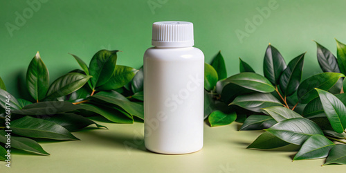 An empty white plastic bottle set against a vibrant green backdrop, ideal for showcasing health, beauty, or cleaning products in a fresh manner