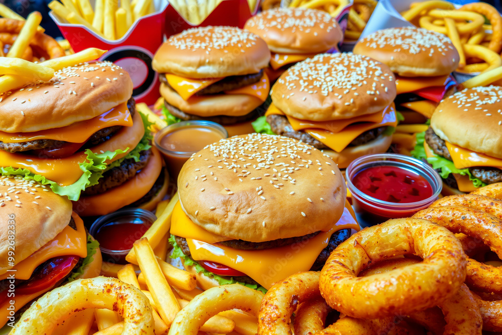 Deluxe Fast Food - Cheeseburgers, Fries, and Onion Rings.generative AI Deluxe Fast Food - Cheeseburgers, Fries, and Onion Rings.generative AI