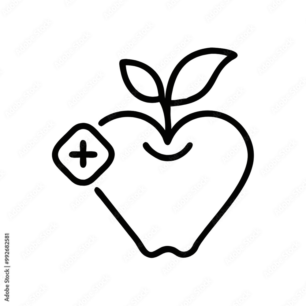 Fototapeta premium A line drawing of an apple with a small medical cross on the side, symbolizing health, nutrition, and wellness through healthy eating, on a transparent background