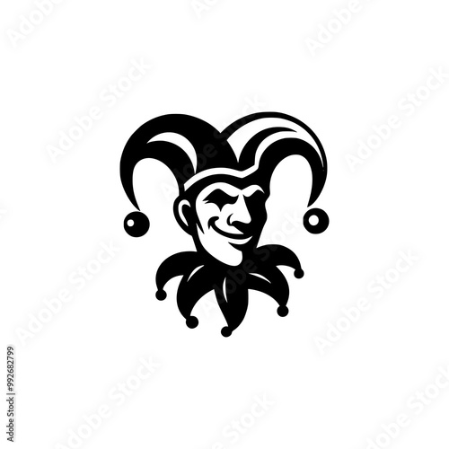 Vector logo of a jester isolated on a white background. Black and white illustration of a joker. Can be used as a tattoo, emblem, logo.