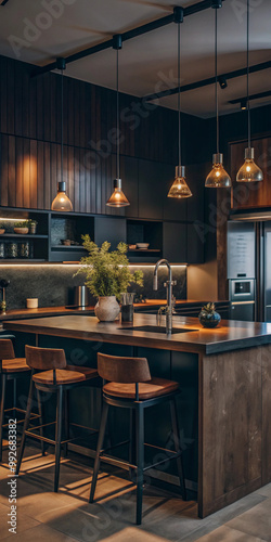 A stylish modern kitchen featuring wooden cabinetry, elegant lighting, and a marble island, creating a warm and inviting cooking space.