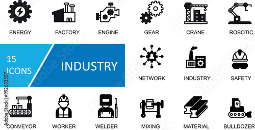 Industry icon set. factory, engine, gear, crane, robotic, network, production, safety, conveyor, worker, welder, mixing, material, bulldozer