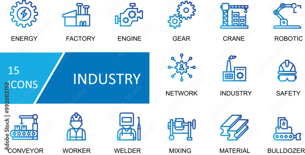 Obraz premium Industry icon set. factory, engine, gear, crane, robotic, network, production, safety, conveyor, worker, welder, mixing, material, bulldozer