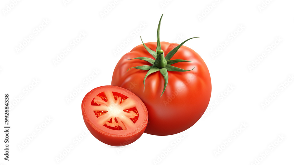 A realistic red tomato with glossy surface and green leaf, featuring a subtle shadow, all on a transparent background. A realistic red tomato with glossy surface and green leaf, featuring a subtle shadow, all on a transparent background.