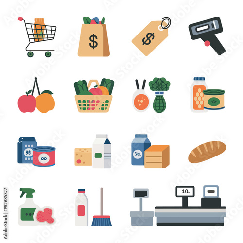 illustrations vector sale offer supper market items icon  for juice and basket ,label ,price , fruits , others 

