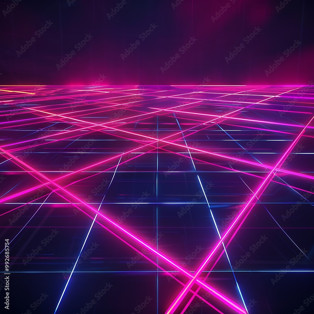 A vibrant neon background featuring glowing pink and blue lines forming an abstract grid pattern on a dark backdrop, creating a futuristic effect. 8k UHD, suitable for high-quality printing 
