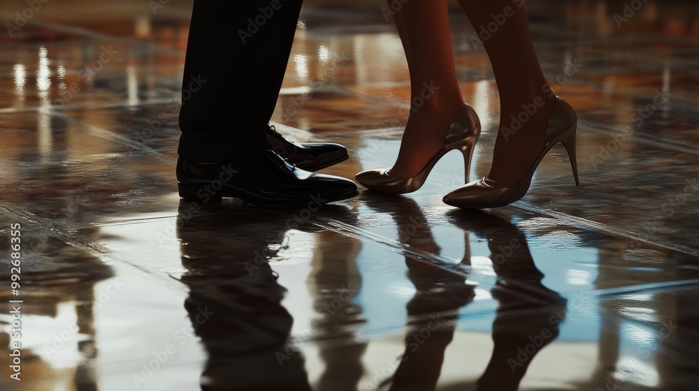 Fototapeta premium A romantic moment captured, showcasing the elegant shoes of a couple reflected on a shiny floor, creating a beautiful and intimate atmosphere.