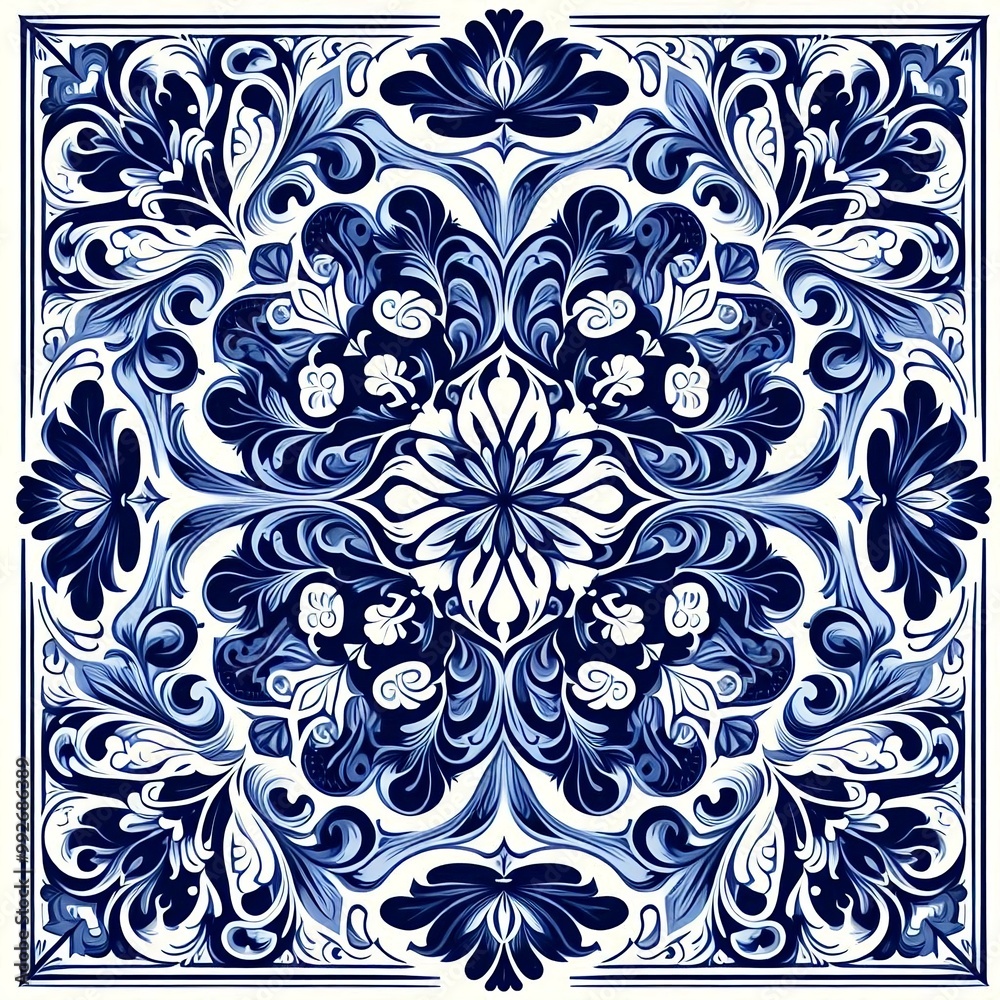 Symmetrical Blue and White Floral Tile Design featuring intricate scrollwork and a central stylized flower motif. Symmetrical Blue and White Floral Tile Design featuring intricate scrollwork and a central stylized flower motif.