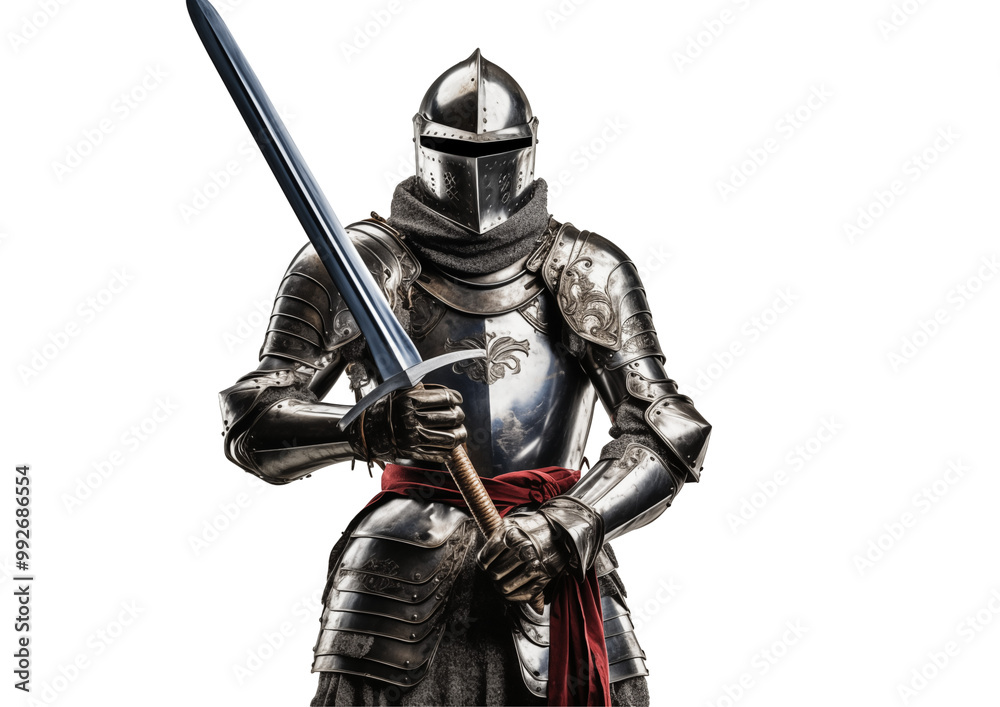 Medieval Knight In Shining Armor Holding A Sword On White Background Medieval Knight In Shining Armor Holding A Sword On White Background