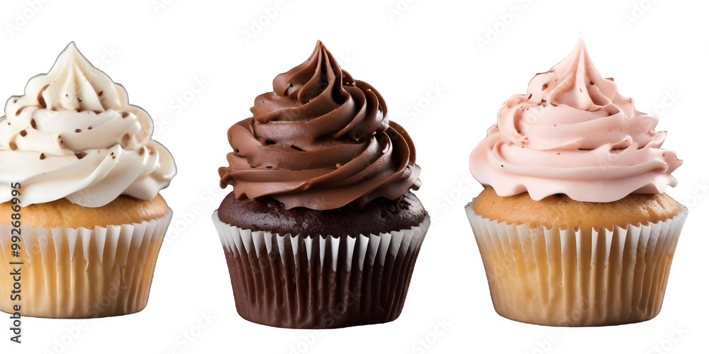 Two chocolate cupcakes with swirled frosting with a Transparent Background Two chocolate cupcakes with swirled frosting with a Transparent Background